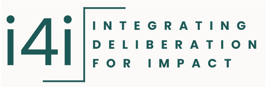 Project logo. The acronym "i4i" is on the left, separated from the text "integrating deliberation for impact" by a zig-zag line.